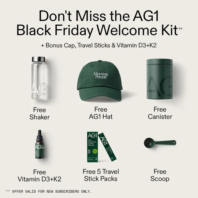 AG1 Black Friday ad: + Bonus Cap, Travel Sticks & Vitamin D3+K2